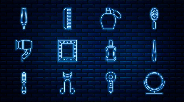 化妆圆镜，指甲锉，香水，彩妆灯，电吹风，眉钳，指甲油瓶和发刷图标。向量图片下载