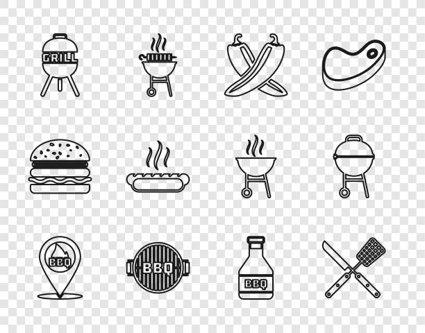设置线位置与烧烤，交叉刀和抹刀，辣椒辣椒荚，烧烤烤架，热狗三明治，番茄酱瓶和图标。向量图片下载