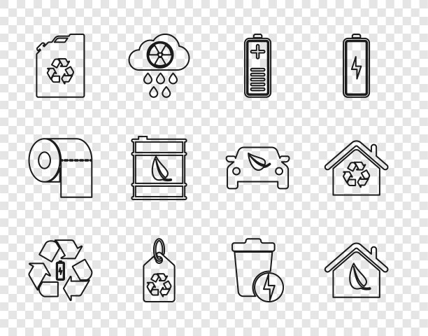 设置线电池与回收，生态友好住宅，充电水平指示灯，标签，燃料罐，生物桶，闪电垃圾和住宅回收图标。向量图片下载