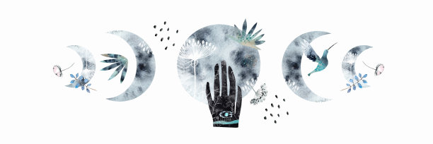 矢量抽象的背景纹理形状在水彩和墨水在月亮，新月，手，蜂鸟的形式。图片下载