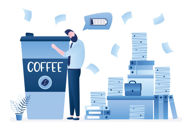 休息时间的概念。办公室文书工作，时间管理。电量不足，工作过度的商人。图片下载