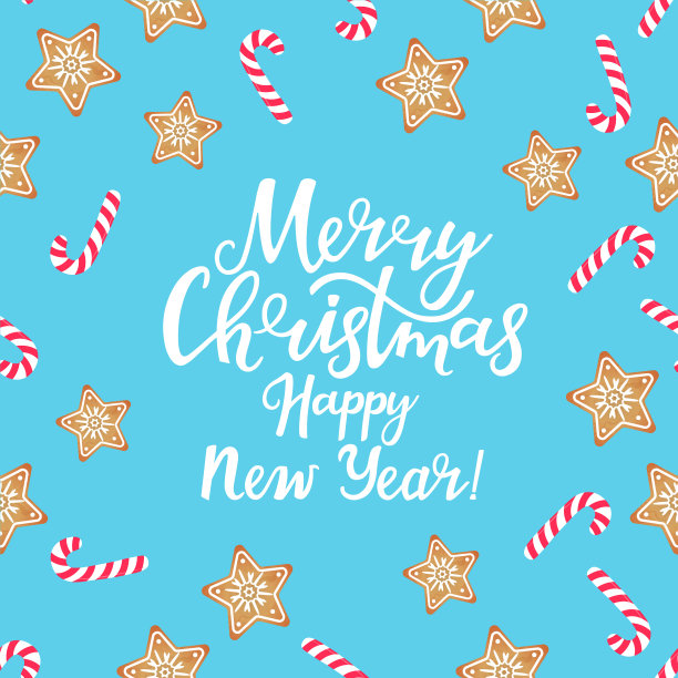 圣诞快乐，新年快乐，棒棒糖和姜饼星星贺卡图片下载