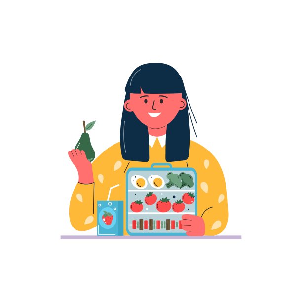 女孩正在吃早餐或午餐。孩子们，人们吃，喝各种各样的食物，饮料。孩子上学时自带饭盒、鸡蛋、果汁、零食、水果、蔬菜。向量图片下载