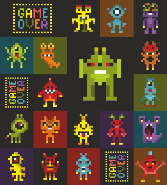 无尽的像素艺术墙纸。复古风格的怪物和机器人从电子游戏。图片下载