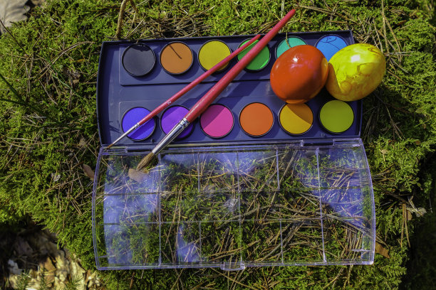 苔藓上的复活节彩蛋和水彩盒图片下载