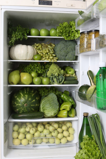 冰箱、内容。颜色的饮食。有机绿色食品。绿色营养冰箱、冰箱。健康的饮食营养。绿色蔬菜，水果，浆果。产品适用于饮食、饮食。绿色图片下载