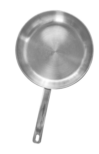 孤立的煎锅在白色背景，现代不锈钢煎锅，顶部视图图像。锅上有空白。图片下载