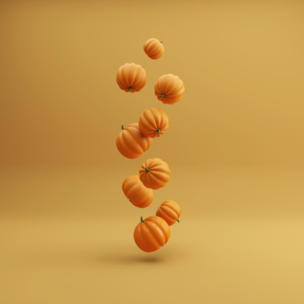 橙色背景上的飞行橙色万圣节南瓜，节日装饰。三维渲染图片下载