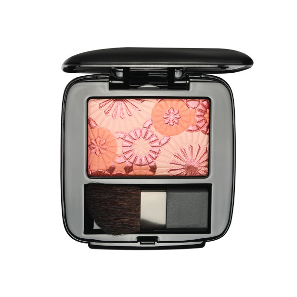 打开化妆套装与腮红和化妆刷在黑色塑料盒孤立图片下载