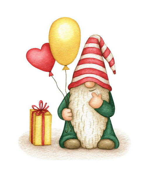 可爱的水彩侏儒在条纹帽子与气球和礼物。手画生日，圣诞节，情人节假日插图明信片，邀请，育儿印刷图片下载