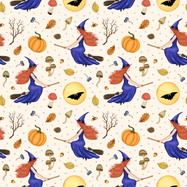 水彩万圣节无缝图案。红发女巫的扫帚，蝙蝠，秋天森林植物，南瓜。手绘的巫术背景印刷，纺织设计图片下载