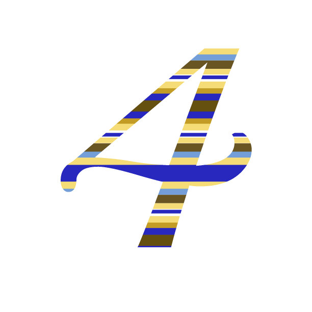 字母表的第4个字母由黄色、赭色、棕色、蓝色和白色的条纹组成，孤立在白色的背景上图片下载