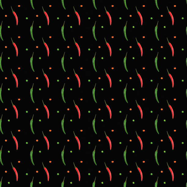 辣椒图案与红辣椒和绿辣椒无缝搭配，辣椒荚垂直，红辣椒切片切在黑色背景上。长宽比1:1图片下载