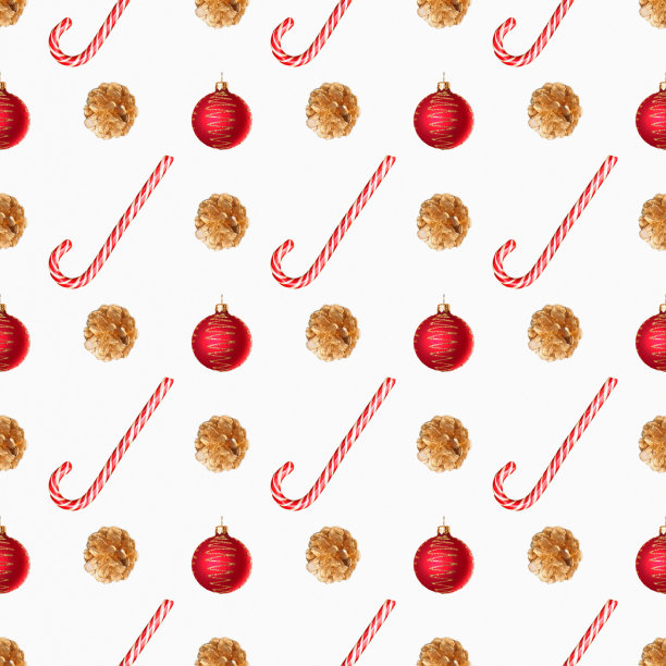 无缝的新年和圣诞节的图案与玩具-金色的锥形，红色的球，焦糖在白色的背景。长宽比1:1图片下载
