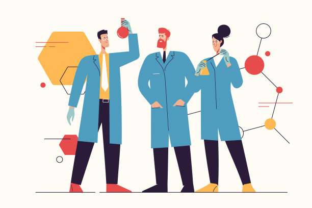 矢量插图描绘了一组科学家在实验室工作，做测试，研究。可编辑的中风图片下载