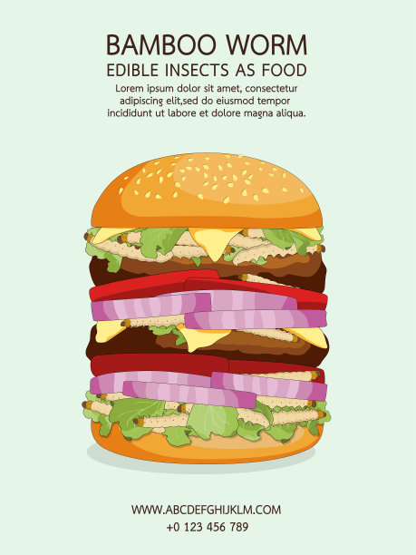 汉堡竹笋毛虫以蔬菜为食，作为食用健康食品的替代品。菜单上的昆虫肉快餐，是未来高蛋白膳食的良好来源。图片下载