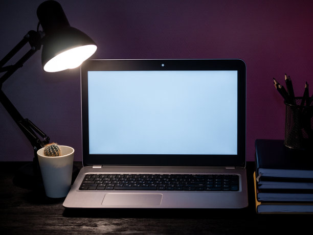 笔记本电脑，台灯，一堆书，铅笔和鲜花在工作场所。隔离中的远程工作概念。图片下载