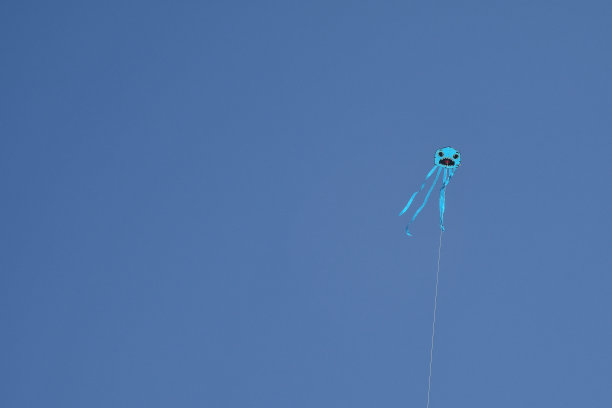 在意大利的托斯卡纳，一只浅蓝色的风筝，形状像鲨鱼的鼻子，在蓝天下迎风飞翔图片下载