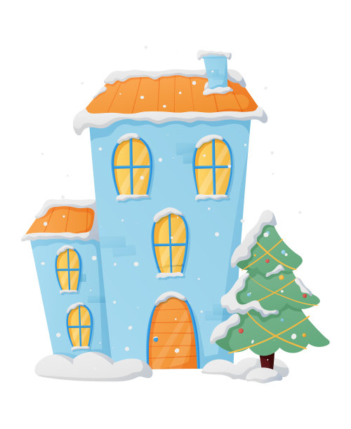 冬季向量孤立的圣诞卡通房子插图与雪和灯在窗户，圣诞树图片下载