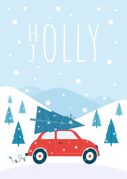 圣诞贺卡与汽车在复古风格和圣诞树。图片下载