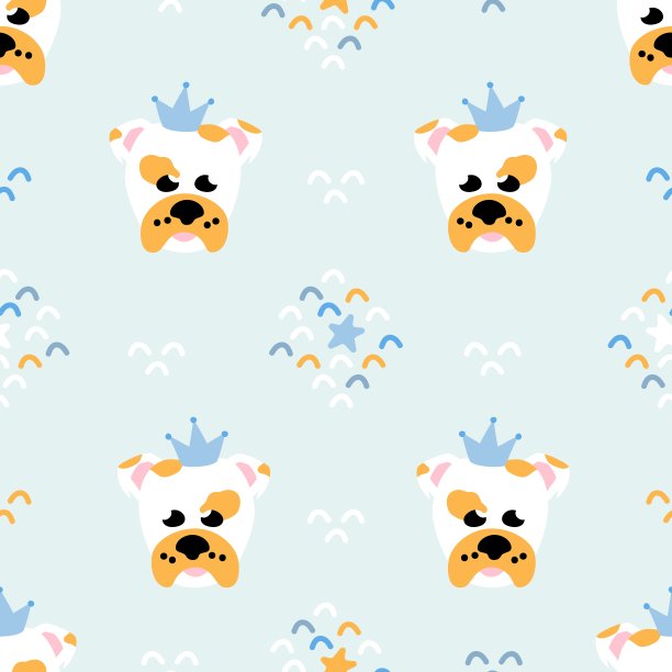 无缝狗图案与装饰元素。带冠的宠物口鼻。向量的孩子背景。图片下载