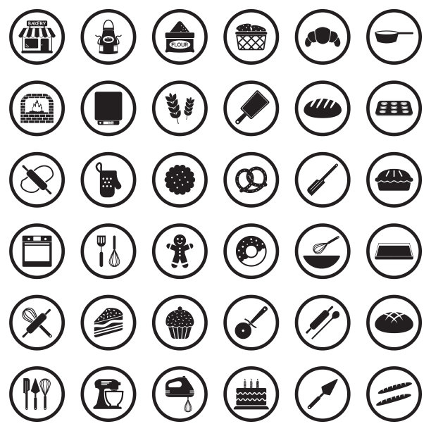 面包店图标。圆形黑色平面设计。矢量插图。图片下载