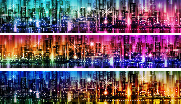 矢量插图的一个大的夜晚城市的全景霓虹灯照明。现代建筑和摩天大楼图片下载