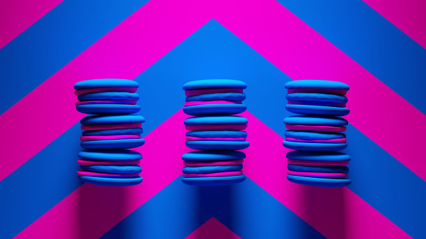 粉红色蓝色小蛋糕糖果糖果甜面包房食品堆栈与明亮的粉红色和蓝色雪佛龙图案背景图片下载