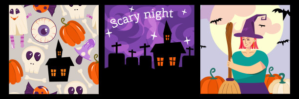 一套万圣节封面海报与女巫，南瓜和鬼魂。可爱的人物和图案插图。矢量插图在卡通风格图片下载