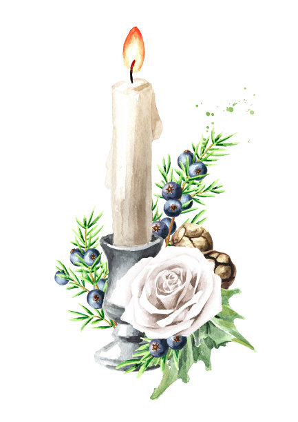 圣诞蜡烛与冬季花束手绘水彩插图，孤立在白色背景图片下载