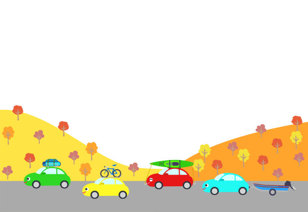 汽车在秋天的山路上休闲的插图。图片下载