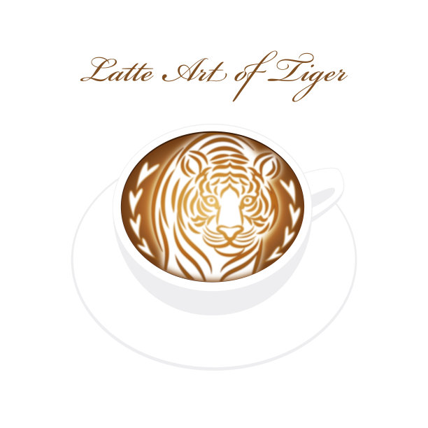 白色咖啡杯上的老虎拉花艺术插图图片下载