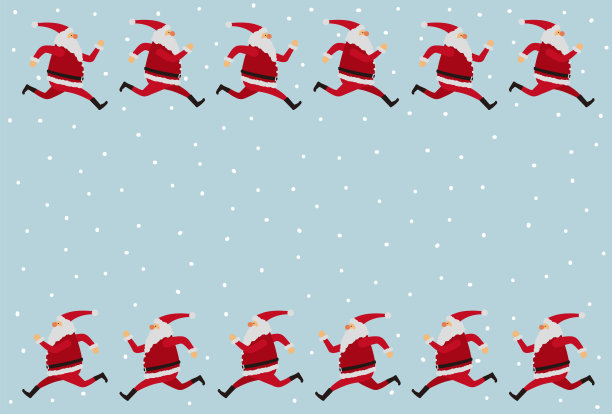 圣诞老人在雪地里奔跑的简单插图，圣诞贺卡的背景图片下载