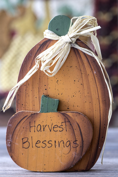 装饰性的橙色陶瓷和木制南瓜与红色砖墙隔离。感恩节的概念图片下载