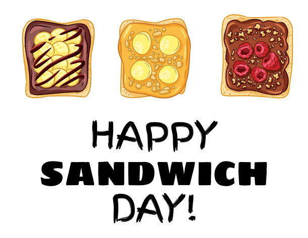 快乐三明治日明信片。吐司面包三明治花生酱水果和浆果健康海报。早餐或午餐吃素食。储备素食食品图片下载