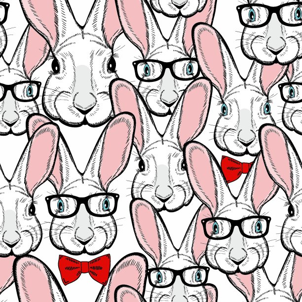 一群戴着复古眼镜打着领结的兔子。图片下载