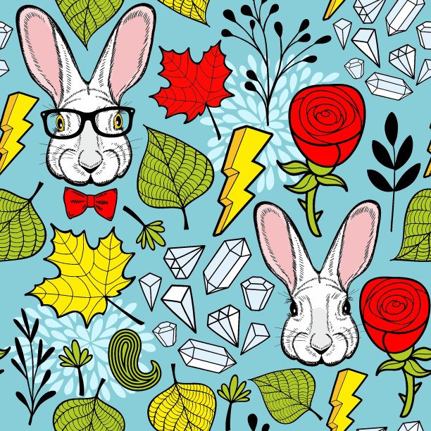 无缝的背景与可爱的兔子脸和自然元素。图片下载