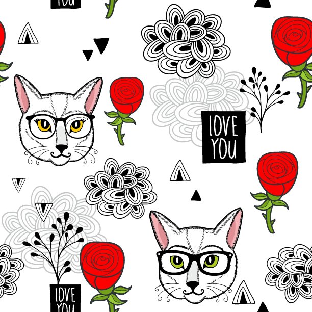 浪漫的墙纸上有猫和玫瑰。图片下载