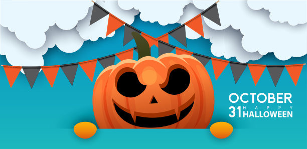 万圣节出售facebook封面页时间轴，南瓜的网页广告横幅模板，和云在橙色背景|现代布局概念设计图片下载
