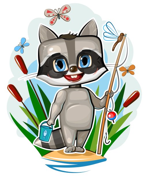 可爱的小浣熊在小溪边。一个渔夫拿着鱼竿在芦苇丛中。天真的动物的孩子。卡通风格。对儿童插图。隔离在白色背景上。向量图片下载