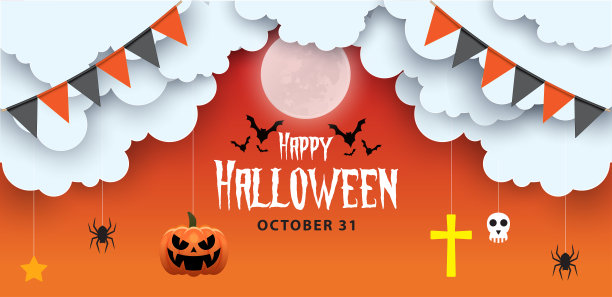万圣节出售facebook封面页时间轴，网页广告横幅模板南瓜，蝙蝠和云在橙色背景|现代布局概念设计图片下载