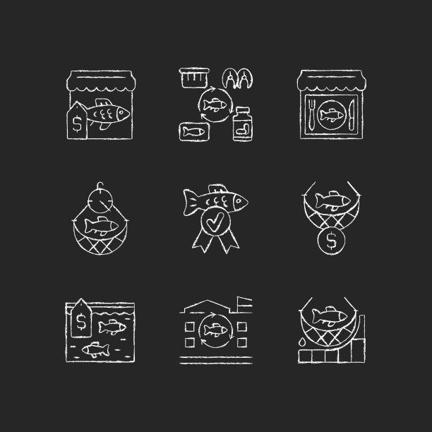 商业渔业粉笔白色图标设置在黑暗的背景图片下载