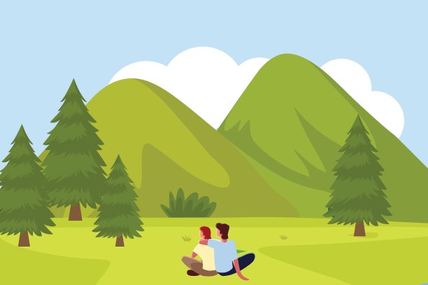 这对夫妇坐在草地上，欣赏大自然的美景。图片下载
