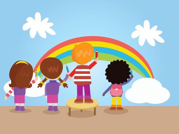 一群孩子在一起画彩虹图片下载