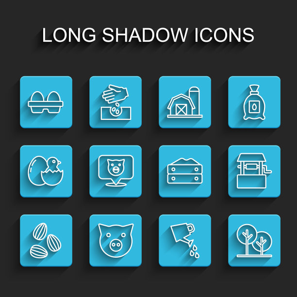 设置线种子，猪，鸡蛋在盒子，浇水罐，树，水井和袋面粉图标。向量图片下载