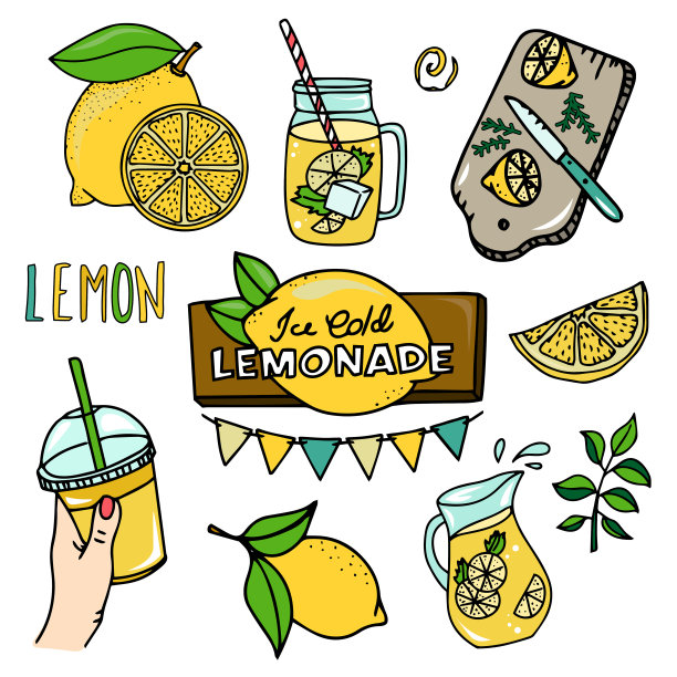 夏天，柠檬水和它的原料。柠檬，柠檬片，水罐，玻璃杯。外卖饮料，柠檬水生意。手绘矢量插图孤立的白色背景图片下载