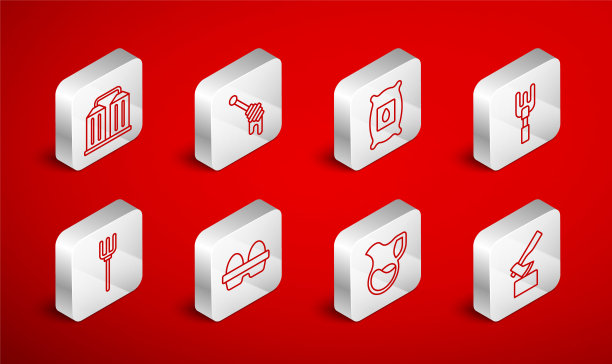 木斧，蜂蜜勺，装满植物种子，花园耙，牛奶罐，粮仓，鸡蛋在盒子和干草叉图标。向量图片下载