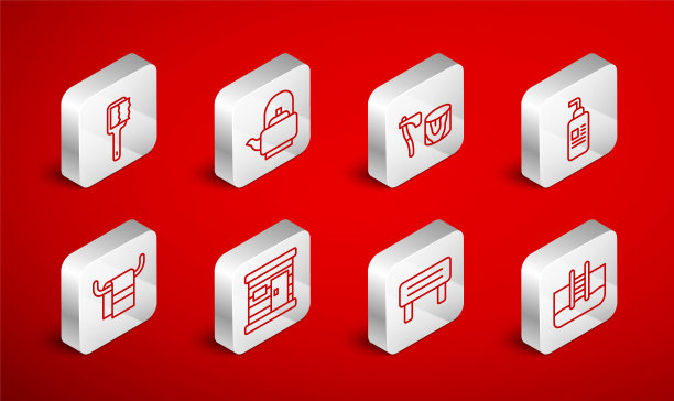 游泳池配有梯子，水壶柄，木斧桩，霜或乳液化妆管，桑拿木长凳，刷子，木制浴室和毛巾衣架图标。向量图片下载