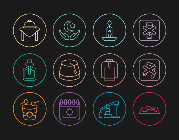 设置线穆斯林男子祈祷，扬声器静音，燃烧的蜡烛，土耳其帽子，香水，餐桌食物，衬衫无领和星新月图标。向量图片下载