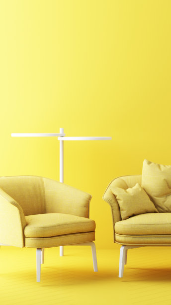黄色椅子，沙发，空背景扶手椅。极简主义装置艺术的概念。三维渲染模型垂直框架图片下载